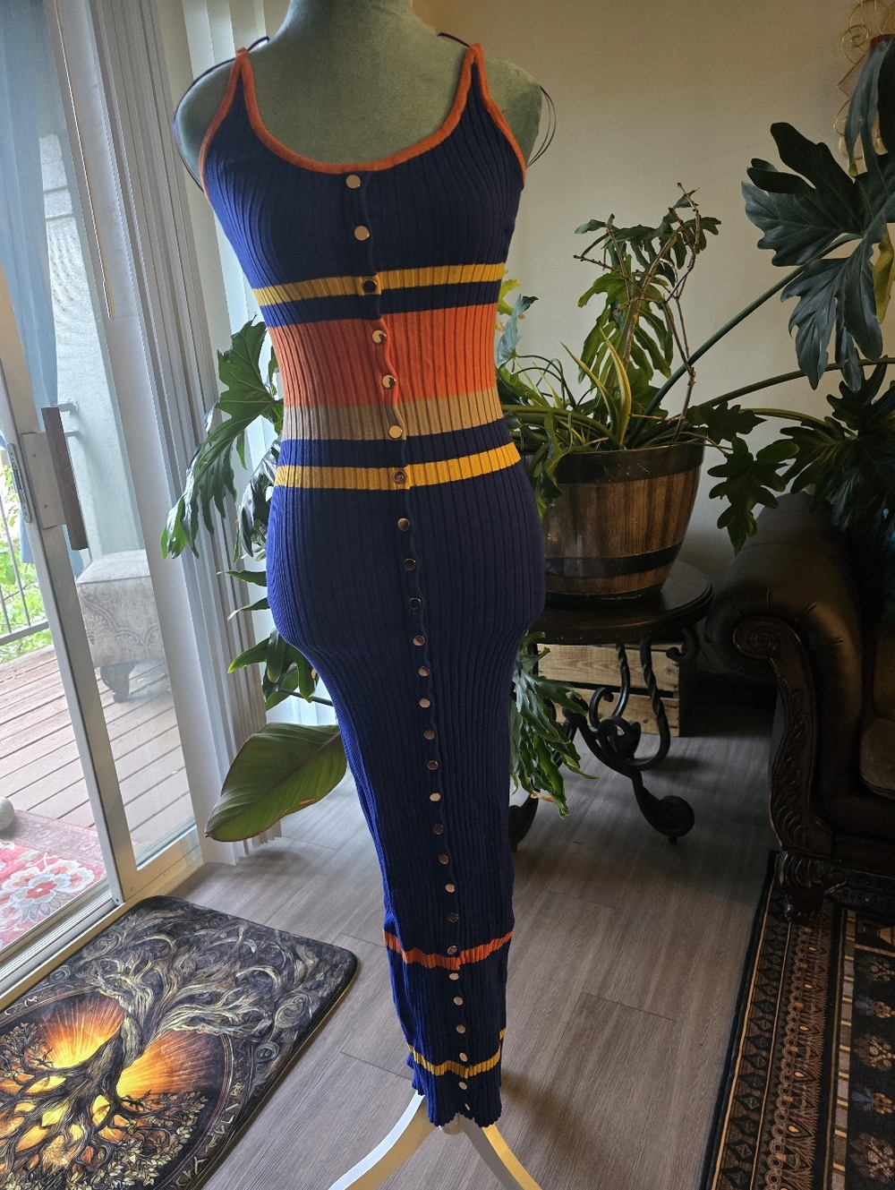 Ribbed Button-Front Maxi Dress in Navy with Orange & Yellow Stripes
